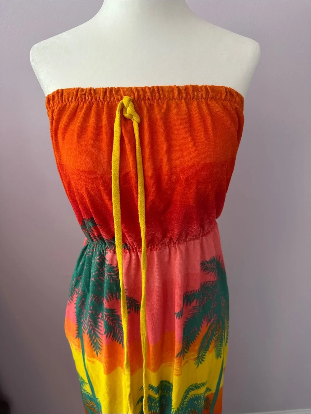 Vintage 90s Terrycloth Strapless Tropical Maxi Dress